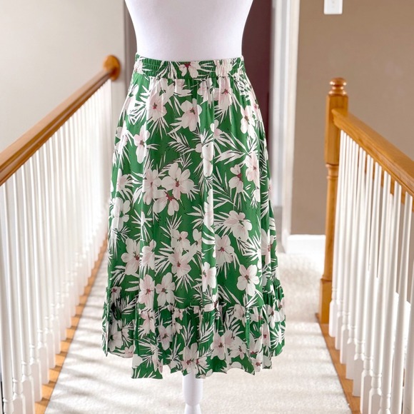 Pari Passu Kelly Skirt Green Floral Button Front Ruffle Hem Midi Skirt Size 22 - Picture 4 of 8